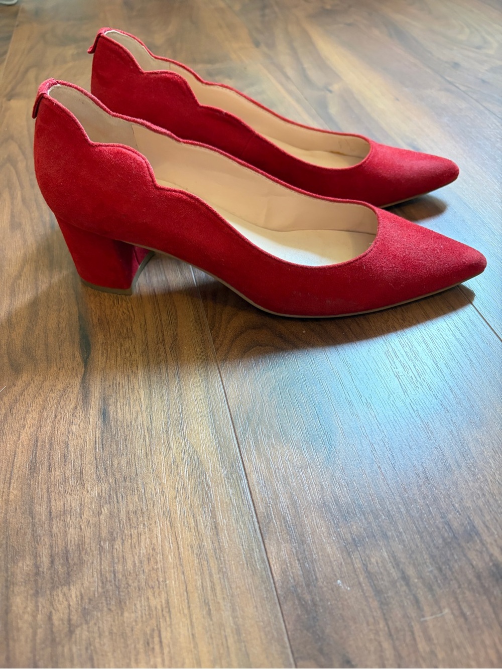 kate spade Red Scallop-Edge Suede Block Heels - Women's